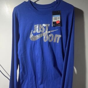 Nike Blue Long-Sleeve 'Just Do It' Sparkling Logo Mens Medium